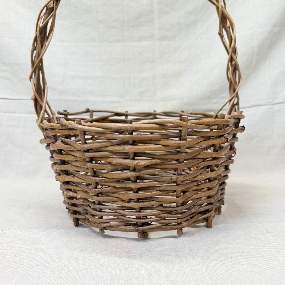 Rustic Woven Willow Branch Gathering Basket with Twisted Handle Brown Wood 1970s